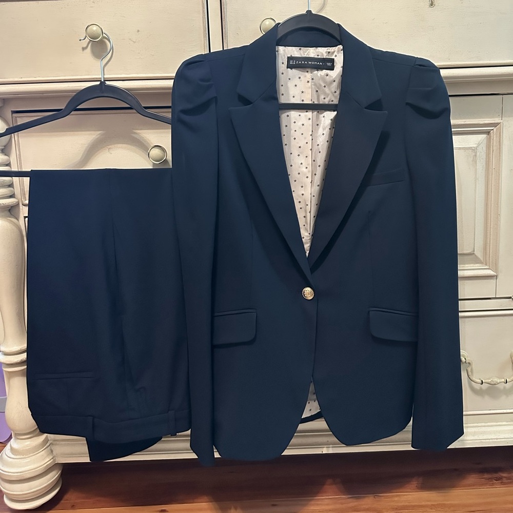 ZARA Fitted Navy Suit Set Blazer + Pant 2 Piece